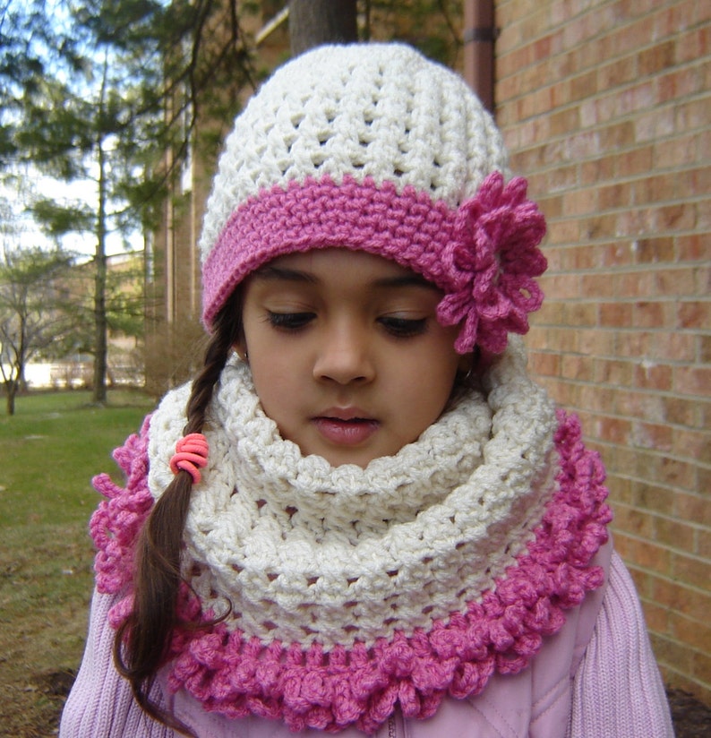 PDF Instant Download Crochet PATTERN No 138 Cream Hat and Cowl neck set child, teen and adult sizes image 1