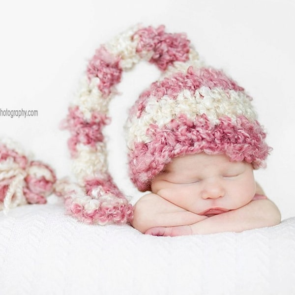 PDF Instant Download Crochet Pattern No 214 Striped Elf Hat with the Tassel Photography Prop Sizes preemie, newborn, 0-3, 3-6 months