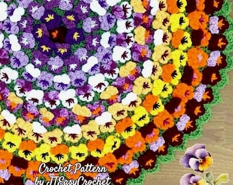 Pansy Flower Round Mandala Blanket Crochet Pattern, Cute Floral Rug