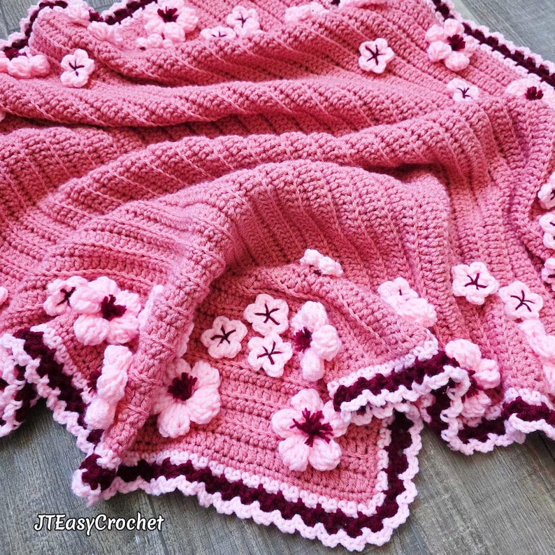 Easy Crochet Pattern & Video, Cherry Blossom Baby Blanket and Flower ...