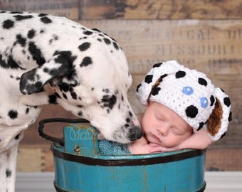 PDF Instant Download Crochet Pattern No 137 Dalmatian Beanie photo prop sizes preemie, newborn. 0-3, 3-6 months