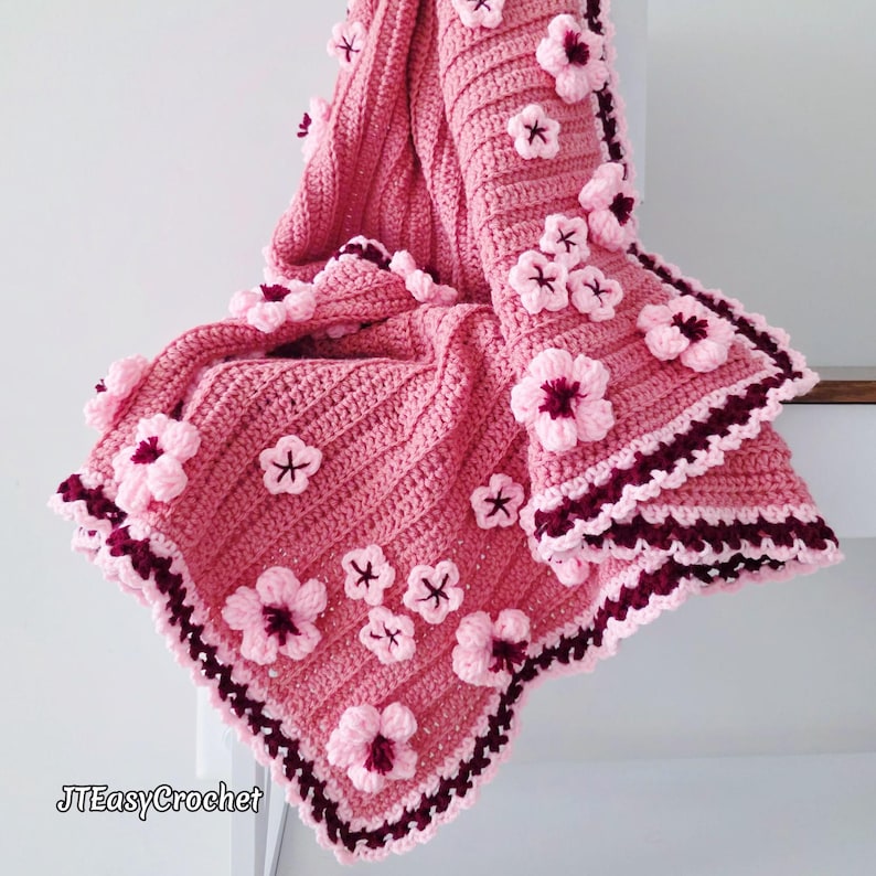 Easy Crochet Pattern & Video, Cherry Blossom Baby Blanket and Flower ...