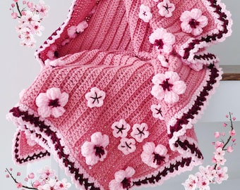 Easy Crochet Pattern & Video, Cherry Blossom Baby Blanket And Flower Applique, Ribbed Stitch Afghan, Boho Cottagecore Style Couch Throw