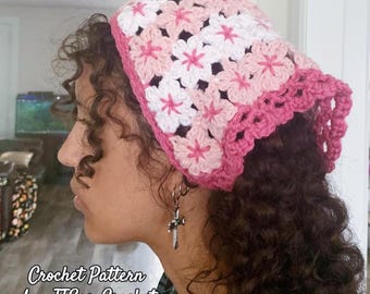 Cherry Blossom Flowers Bandana Crochet Pattern, 4 sizes Boho Style Romantic Kerchief for Woman Teacher Grandma Mom Gift PDF Instant Download