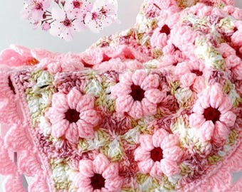 Cherry Blossom Baby Blanket, PDF Instant Download, Textured Crochet Blanket Pattern, 3D Floral Granny Square, Couch Throw, Grandma Baby Gift