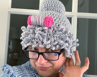 Patrón de crochet para gorro de peluca de anciana, peluca de abuela para fotografía de recién nacidos, peluca de anciana de cabello gris, peluca de anciana de 100 años, patrón de gorro con rulos