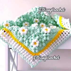 Puffy Flower Baby Blanket, Crochet Baby Blanket Pattern, Daisy Granny Square Blanket, Newborn Afghan Pattern, Throw Blanket, Floral Applique