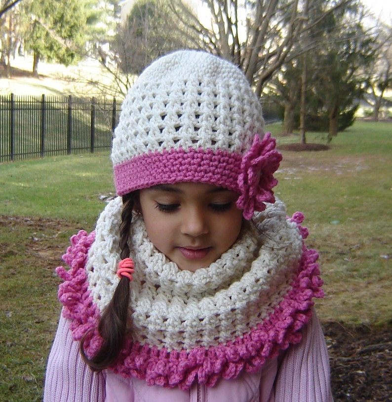 PDF Instant Download Crochet PATTERN No 138 Cream Hat and Cowl neck set child, teen and adult sizes image 2