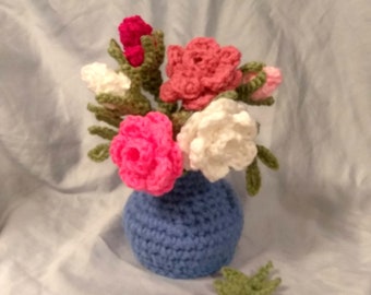 Crochet Flowers In A Vase Pattern, Rose Crochet Pattern, Crochet Rose Bouquet, Flower Arrangements, Mothers Day Gift, Roses Plants Pattern