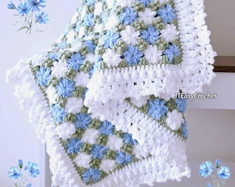 Crochet Pattern & Video, Cornflower Baby Blanket Throw, Crochet Rug