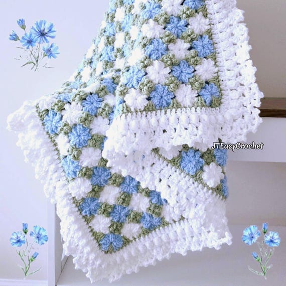 Crochet Pattern & Video, Cornflower Baby Blanket Throw, Crochet Rug