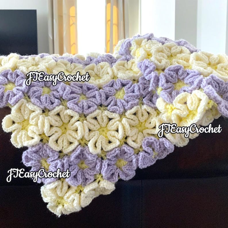 Mönster för Happy Daisy-filt, virkad blomsterfilt, PDF-mönster, blommig babyfilt, direktnedladdning, filt, barnrumsöverkast bild 9