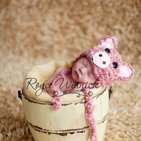 Crochet Newborn Pig Hat Pattern, Baby Pig Hat Pattern, Photo Prop PDF Pattern, Fuzzy Piggy Beanie, Piglet Earflap Hat, Easy Crochet Pattern