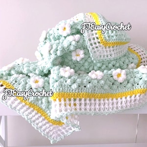 Puffy Flower Babydecke, Babydecke Häkelmuster, Daisy Oma Quadrat Decke, Neugeborenes Afghan Muster, Decke, Blumenapplikation