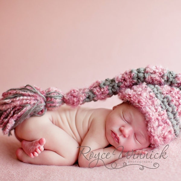 PDF Instant Download Easy Crochet Pattern No 224  Big Tassel Elf Hat Photography Prop Sizes preemie, newborn, 0-3, 3-6 months