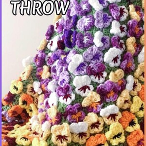 : Beautiful round crochet blanket or crochet rug is hanging from a display. The blanket is made of colorful pansy flowers arranged in circular pattern and the fringe og the blanket is made of green pansy leaves. The lettering says: "Pansy Blanket Throw", "Crochet Pattern By JTEasyCrochet" meaning that JTEasyCrochet has the best crochet patterns and fun crochet ideas.