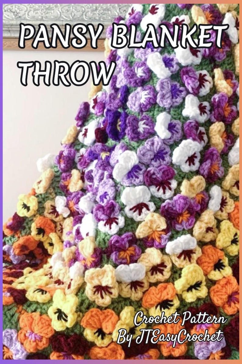: Beautiful round crochet blanket or crochet rug is hanging from a display. The blanket is made of colorful pansy flowers arranged in circular pattern and the fringe og the blanket is made of green pansy leaves. The lettering says: "Pansy Blanket Throw", "Crochet Pattern By JTEasyCrochet" meaning that JTEasyCrochet has the best crochet patterns and fun crochet ideas.