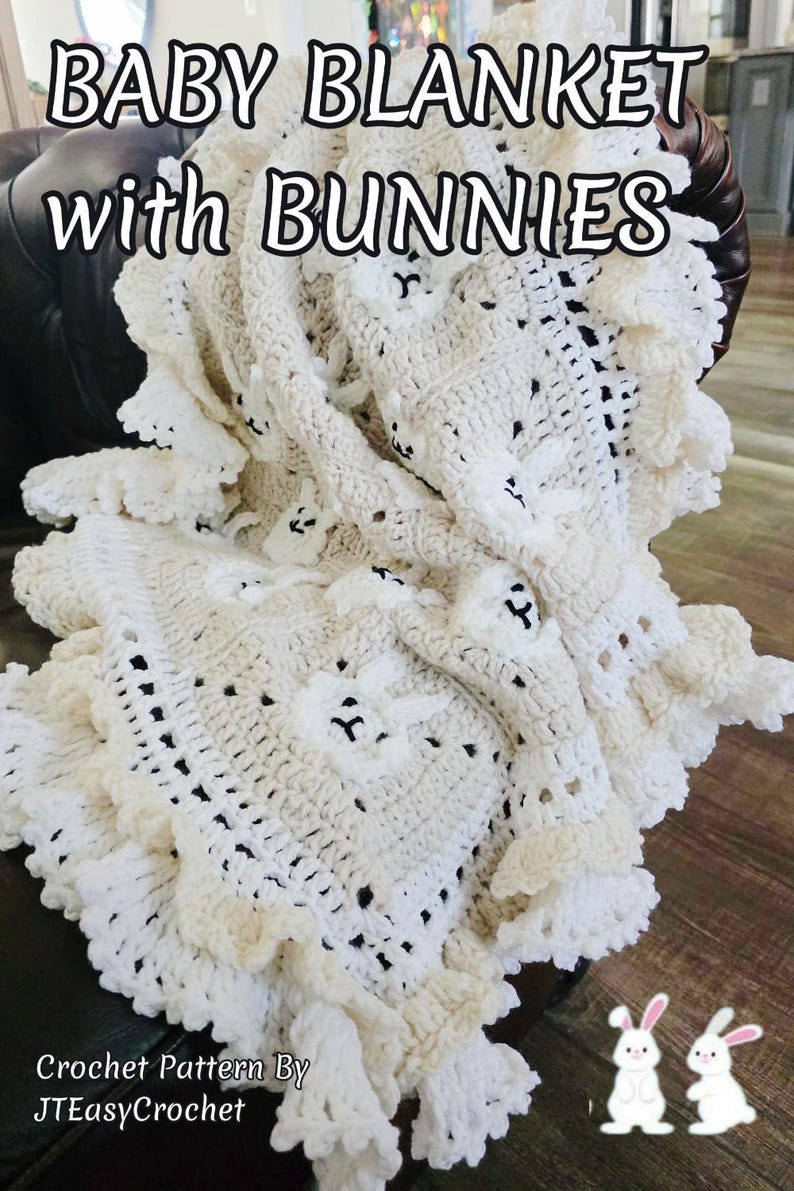 Beautiful Bunny  granny square blanket with fringed edging is laying on a dark leather couch. The blanket is cream with white bunnies on each square. The lettering says: “Baby Blanket With Bunnies”, “Crochet Pattern By JTEasyCrochet” meaning that JTEasyCrochet has the best crochet patterns and fun crochet ideas.