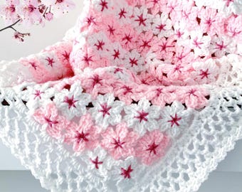 Cherry Blossom Flower Baby Blanket, Sakura Flower Motif Crochet Pattern, Newborn Afghan Pattern, Floral Throw Blanket, Baby Gift Photo Prop