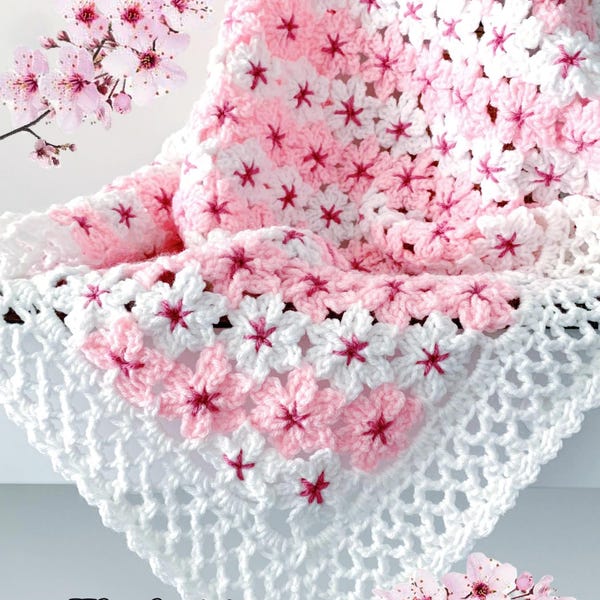 Kersenbloesem bloem babydeken, Sakura bloemmotief gehaakt patroon, pasgeboren Afghaans patroon, bloemen deken gooien, babycadeau foto prop