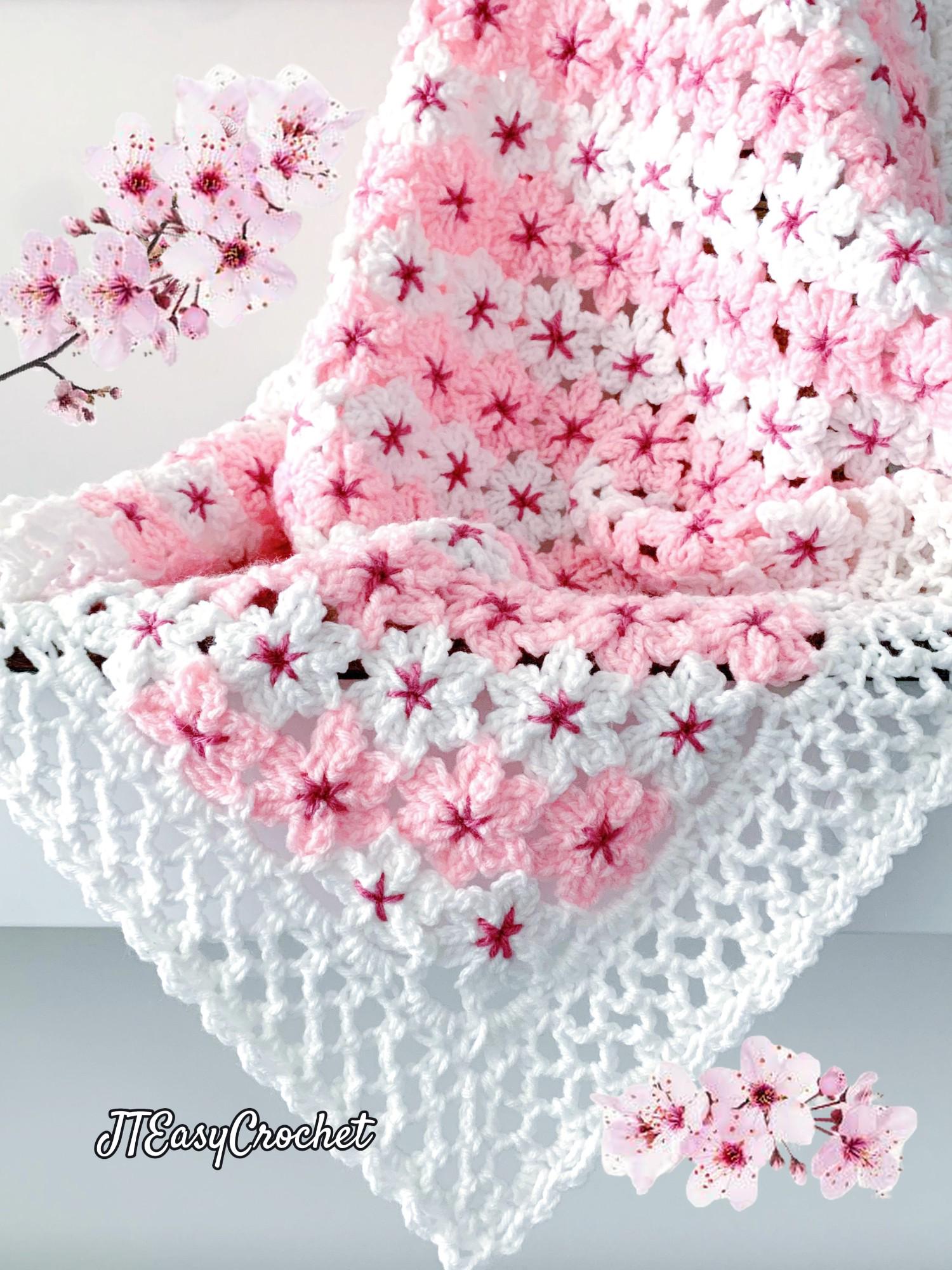Cherry Blossom Flower Baby Blanket, Sakura Flower Motif Crochet
