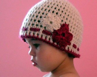 PDF Instant Download Crochet Pattern No 060 Basic Beanie With 2 Flowers and a ribbon ALL sizes baby toddler child adult