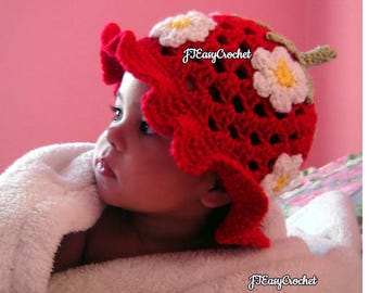 Hat Pattern Crochet Strawberry, Baby Crochet Bucket Hat Pattern, Strawberry Beanie, Newborn Girl Sun Hat, Fruit Crochet Cap, Floppy Sunhat