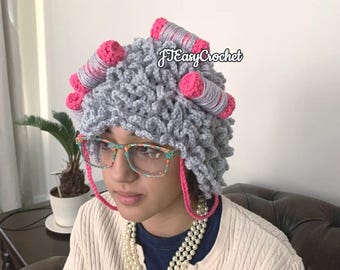 Patrón de peluca de anciana, peluca de bebé con canas, patrón de peluca de abuela, accesorios para fotos de recién nacidos, gorro con rulos para bebé, descarga instantánea, crochet DIY