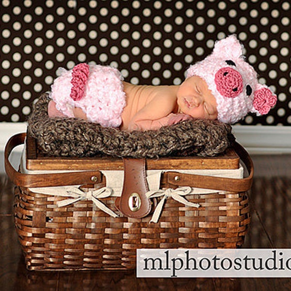 Crochet Pig Hat Pattern, Newborn Pig Outfit, Crochet Diaper Cover Hat Set, Farm Animal Costume, Photo Props, PDF Beginner Crochet Pattern