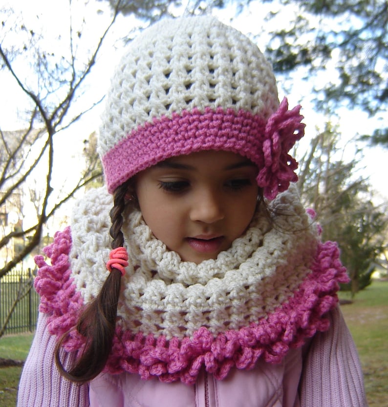 PDF Instant Download Crochet PATTERN No 138 Cream Hat and Cowl neck set child, teen and adult sizes image 3