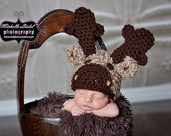 PDF Instant Download Easy Crochet Pattern No 268 Moose Hat and photo prop sizes preemie, newborn. 0-3, 3-6 months