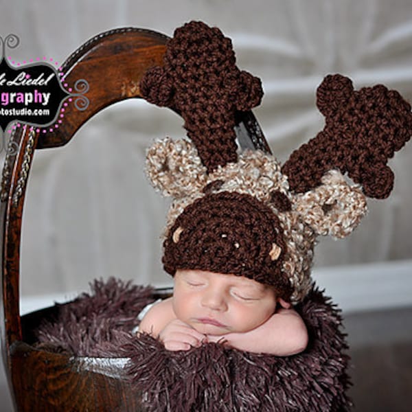 PDF Instant Download Easy Crochet Pattern No 268 Moose Hat and photo prop sizes preemie, newborn. 0-3, 3-6 months