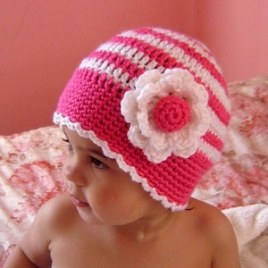 PDF Instant Download Crochet Pattern No 053 Striped Beanie With Flower All sizes baby toddler child adult crochet tutorial image 1