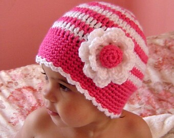 PDF Instant Download Crochet Pattern No 053  Striped Beanie With Flower All sizes baby toddler child adult crochet tutorial
