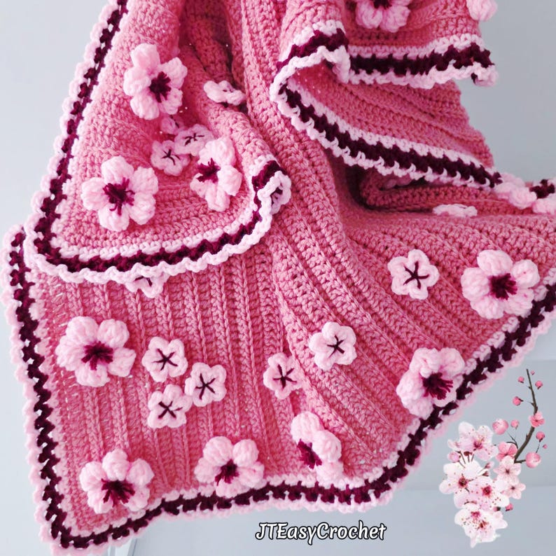Easy Crochet Pattern & Video, Cherry Blossom Baby Blanket and Flower ...
