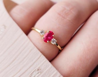 14K Ruby and Diamond Ring, July Birthstone Gift, 6x4mm Oval Cut Ruby