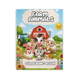 May include: A coloring book titled Farm Animals featuring a cartoon illustration of a red barn, a green tractor, and various animals including a cow, pig, sheep, dog, rabbit, and chicken on a grassy field under a bright yellow sun.