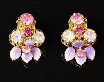 AUSTRIAN ENAMEL EARRINGS - Chatons - Pink Rhinestones - Earrings - Clip Back Earrings - Costume Jewelry - Rhinestone Earrings - 50s Jewelry