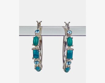 MONET HOOP EARRINGS - Pierced Earrings - Semi Precious - Turquoise - Earrings - Silver Metal - Signed - Costume Jewelry - Topaz Rhinestones