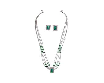 BOHEMIAN NECKLACE & EARRING Set - Jewelry Set - Sterling Silver - Natural Malachite - Pierced Earrings - Post Backs - Semi Precious Stone -