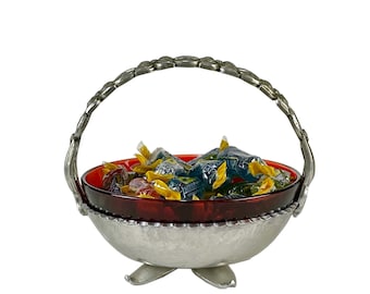 1950s CANDY DISH - Rodney Kent - Vintage Aluminum - Anchor Hocking - Ruby Red Glass - Candy Caddy - Hammered Aluminum - VintageTableware