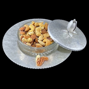 RODNEY KENT GIFTWARE - 3 Piece Nut Dish - Imperial Glass - Hammered Aluminum - Serving Dish - Aluminum Tableware - Entertaining - Vintage