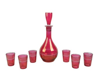 1940s DECANTER SET - Cranberry Glass - Sherry Set - Port Wine Set - Vintage Barware - Flashed Glass - Cocktails - Glass Decanter -Liquor Set