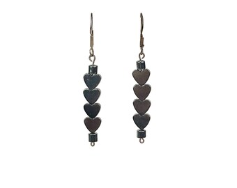 HEMATITE HEART EARRINGS - Pierced Earrings - Heart Shape Jewelry - Dangle Earrings - Carved Hematite - Costume Jewelry - Hook Drop Earrings
