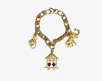 VINTAGE CHARM BRACELET - House of Borvani - Cat Charm - Charm Bracelet - Love Bird Charm - Elephant Charm - 24kt Plated Jewelry - Signed