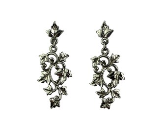 ROY NILSON EARRINGS - Grape Leaf Motif - Dangles -Silver - Pierced Earrings - Makers Stamp - Flora - Grape Vines - Vintage Jewelry - Costume