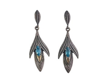 CAROLYN POLLACK EARRINGS - Sterling Pierced Earrings - Blue Topaz - Signed Jewelry - Native American Style - American West - Feather Motif