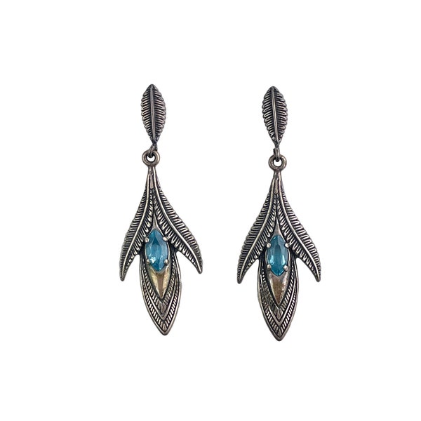 CAROLYN POLLACK EARRINGS - Sterling Pierced Earrings - Blue Topaz - Signed Jewelry - Native American Style - American West - Feather Motif