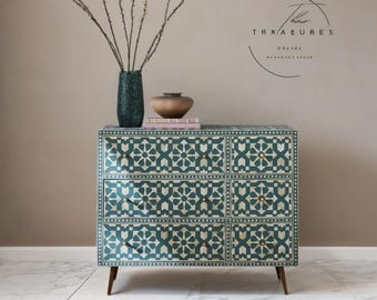 Handmade Bone Inlay 6-Drawer Dresser: Morocco Design, Pestle Green Resin