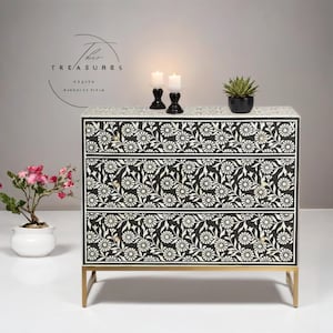 Bone Inlay Chest of 3 Drawer IN Flower Black | Bone Inlay Dresser | Bone Inlay Sideboard | Bone Inlay Furniture